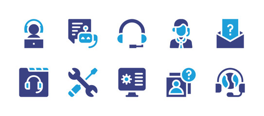 Support icon set. Duotone color. Vector illustration. Containing online support, support, headphones, customer support, question, service, web development, customer, global.