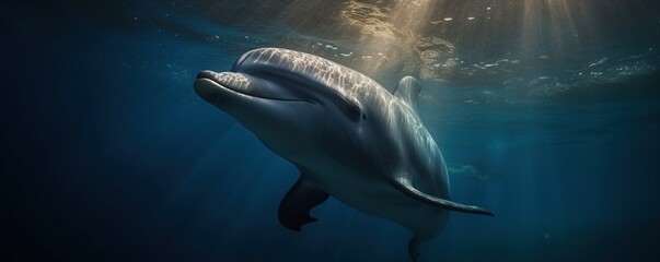 A dolphin swimming seen from underwater