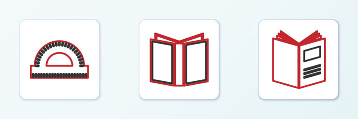 Set line Open book, Protractor grid and icon. Vector