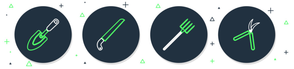 Fototapeta premium Set line Garden saw, pitchfork, trowel spade shovel and Gardening handmade scissor icon. Vector