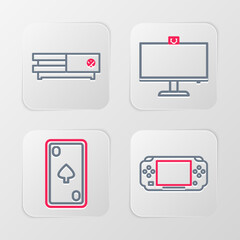 Set line Portable video game console, Playing card with diamonds, Computer monitor and Video icon. Vector