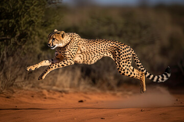 shot of adult cheetah running at top speed with all legs in the air in Kruger Park South Africa