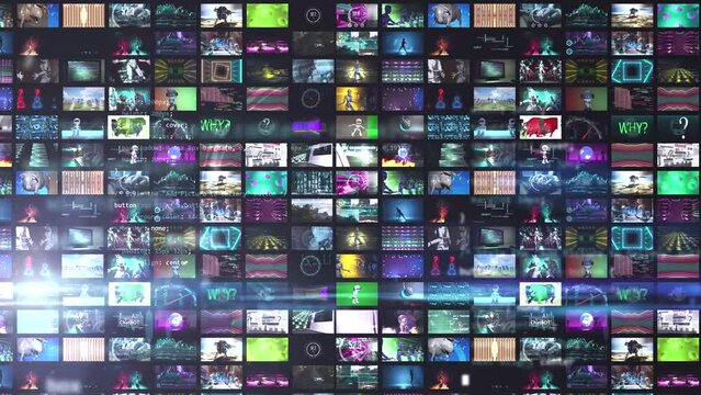 Collage with many different 3d render animations using high technology. Set collection of many video clips with female robots and motion graphics. scifi modern background concept.