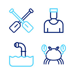 Fototapeta premium Set line Crab, Periscope, Sailor captain and Paddle icon. Vector