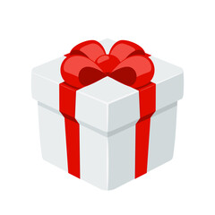 White mystery gift box with a red ribbon on white background. Random secret loot box isometric concept. Vector illustration cartoon flat design.