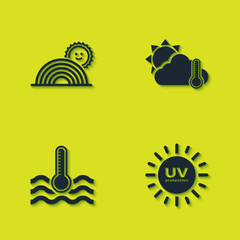 Set Rainbow with sun, UV protection, Water thermometer and Thermometer and cloud, icon. Vector