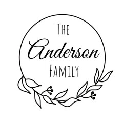 Family name monogram, monogram the family welcome home sign, wedding minimalistic floral ornament wreath, border frame or greeting card invitation with eucalyptus arrangement 