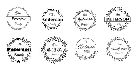 Family name monograms set, monogram the family welcome home sign, wedding minimalistic floral ornament wreath, border frame or greeting card invitation with eucalyptus arrangement 