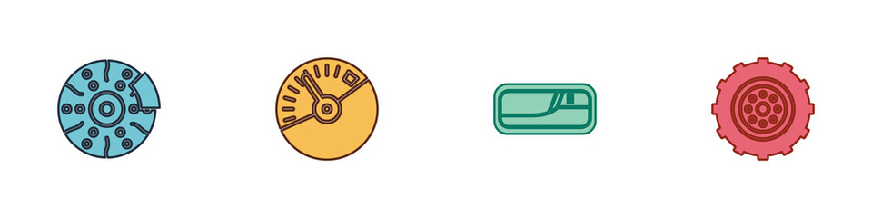 Set Car brake disk with caliper, Speedometer, door handle and wheel icon. Vector