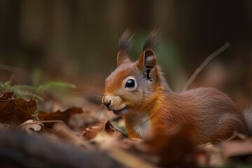 Fototapeta premium The Eurasian red squirrel (Sciurus vulgaris) in its natural habitat in the autumn forest