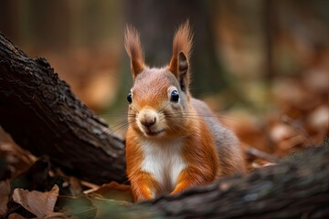 Fototapeta premium The Eurasian red squirrel (Sciurus vulgaris) in its natural habitat in the autumn forest