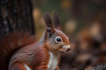 Naklejka na ściany i meble The Eurasian red squirrel (Sciurus vulgaris) in its natural habitat in the autumn forest