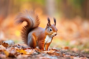 Naklejka na ściany i meble The Eurasian red squirrel (Sciurus vulgaris) in its natural habitat in the autumn forest
