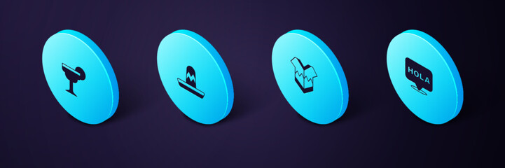 Set Isometric Hola, Poncho, Mexican sombrero and Margarita cocktail icon. Vector © vector_v