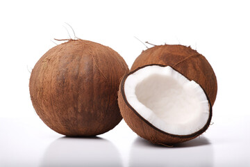 a whole and a half coconut on a white surface. Created with Generative AI Technology