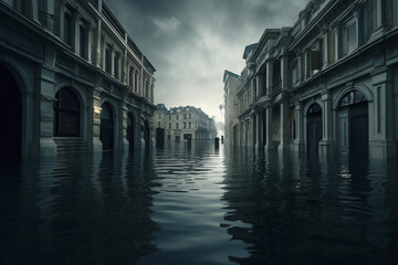 Naklejka premium A flooded city - global warming conceptual illustration. Generative AI