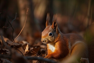 Fototapeta premium The Eurasian red squirrel (Sciurus vulgaris) in its natural habitat in the autumn forest