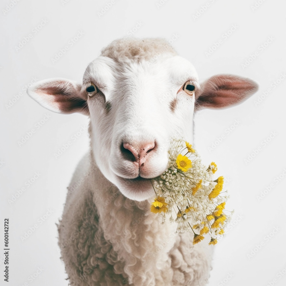 Wall mural The sheep eats flowers. Sheep's face close-up on a white background. Generative AI.