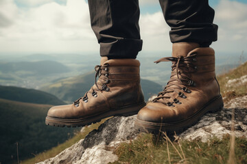 Hiker boots detail over a mountain scenery background. Generative AI