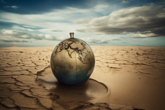 Water scarcity or limited drinking water global supply - conceptual illustration showing a deserted planet. Generative AI