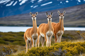 Three guanacoes in Torres del Paine national park