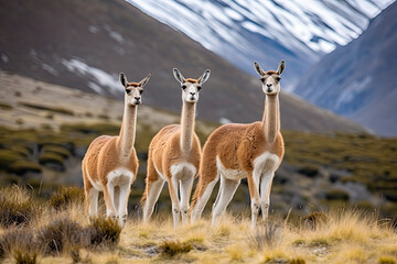 Three guanacoes in Torres del Paine national park