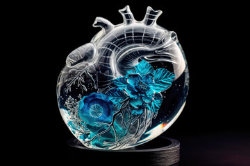 Beautiful glass anatomical heart in blue and white pastel colors. Generative AI
