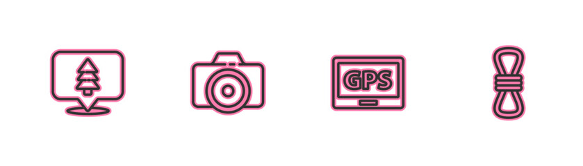 Set line Location of the forest, Gps device with map, Photo camera and Climber rope icon. Vector