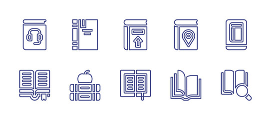 Literature line icon set. Editable stroke. Vector illustration. Containing headphones, book, upload, map, ebook, open book, study, research.