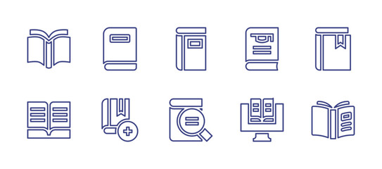 Literature line icon set. Editable stroke. Vector illustration. Containing open book, book, thesis, magnifying glass, ebook.