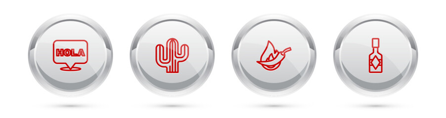 Set line Hola, Cactus, Hot chili pepper pod and Tabasco sauce. Silver circle button. Vector © vector_v