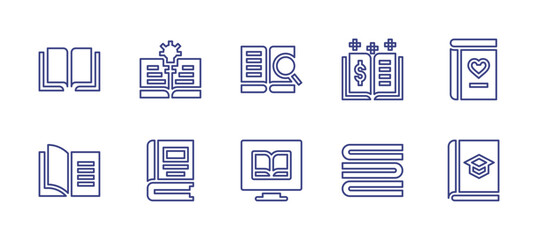 Literature line icon set. Editable stroke. Vector illustration. Containing open book, search, book, computer, books.