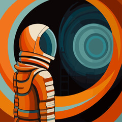 Astronaut on Uranus, Art Deco Vector Poster with Abstract Hand Drawing