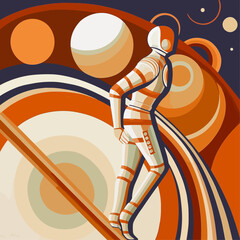 Interstellar Voyage, Artistic Illustration of Astronaut on Saturn in Abstract Art Deco Poster