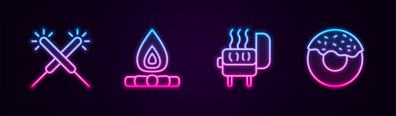 Set line Sparkler firework, Campfire, Barbecue grill and Donut. Glowing neon icon. Vector