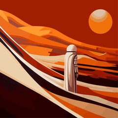 Astronaut on Mars, Art Deco Vector Poster with Abstract Hand Drawing