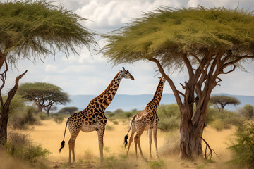 Obraz premium Two Maasai giraffe, male and female, grazing from an acacia tree in the Masai Mara, Kenya.