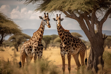 Obraz premium Two Maasai giraffe, male and female, grazing from an acacia tree in the Masai Mara, Kenya.