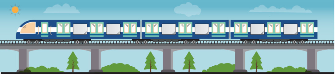 Bullet Train moving on the bridge, Monorail railway, Sky Train, Mono rail with magnet levitation technology, Metro train flyover style illustration. 