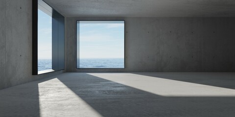 Abstract large, empty, modern concrete room with large corner windows with ocean view and rough floor - industrial interior background template