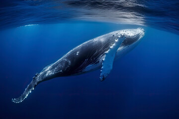 Fototapeta premium A beautiful Humpback whale is swimming in the ocean