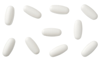 White tablets with half line, isolated on white background, top view.
