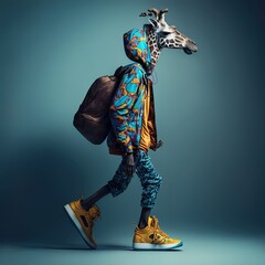 Studio photo portrait of a happy giraffe in hipster clothes working on laptop, concept of Vibrant Colors and Creative Pose, created with Generative AI