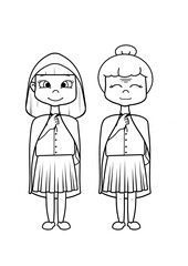 children's coloring pages - little girl in a red dress and grandmother