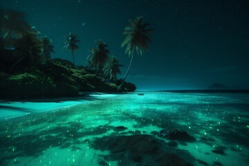 Fototapeta na wymiar tropical tree night ocean palm blue sky luminous paradise vacation beach. Generative AI.