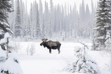 A moose in snow in Jasper National Park