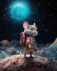 A mouse from space wears a spacesuit and looks into space , Generative AI