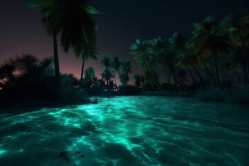 Fototapeta na wymiar palm paradise sky tropical tree night ocean beach vacation luminous blue. Generative AI.