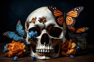 death skull butterfly bone flower art halloween skeleton design illustration. Generative AI.