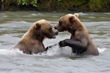 Obraz premium A pair of young Brown Bears fight in the middle of a river in Alaska.